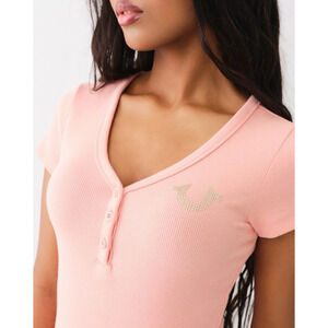 True Religion‎ Studded Horseshoe V Neck Short Sleeve Button Henley Large NWT Rib